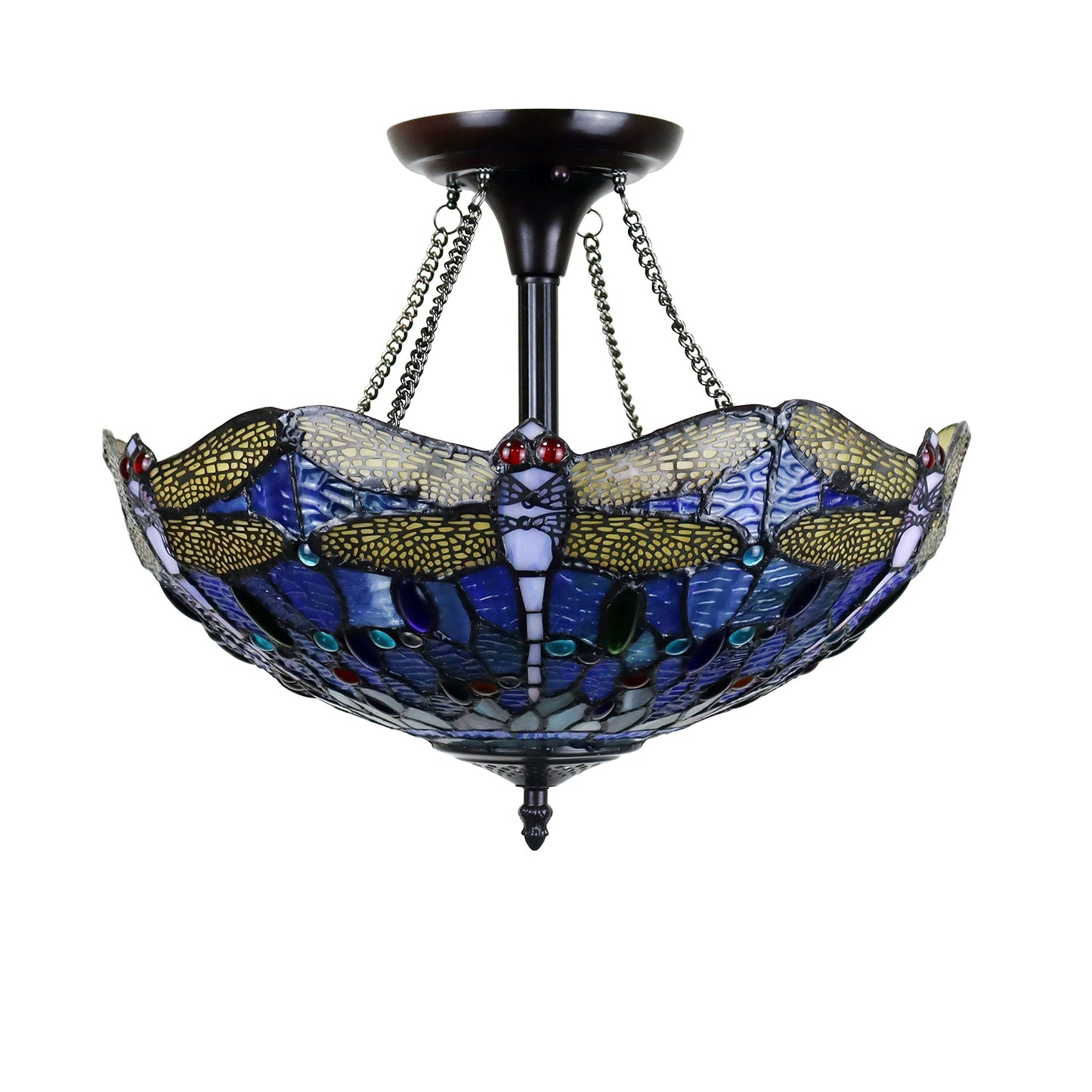 Chloe Lighting Dragonfly Tiffany-Style Semi-Flush Ceiling Fixture, 2 Light, 16in Wide, Dark Bronze, Multicolor, Model CH3T524BD16-UF2