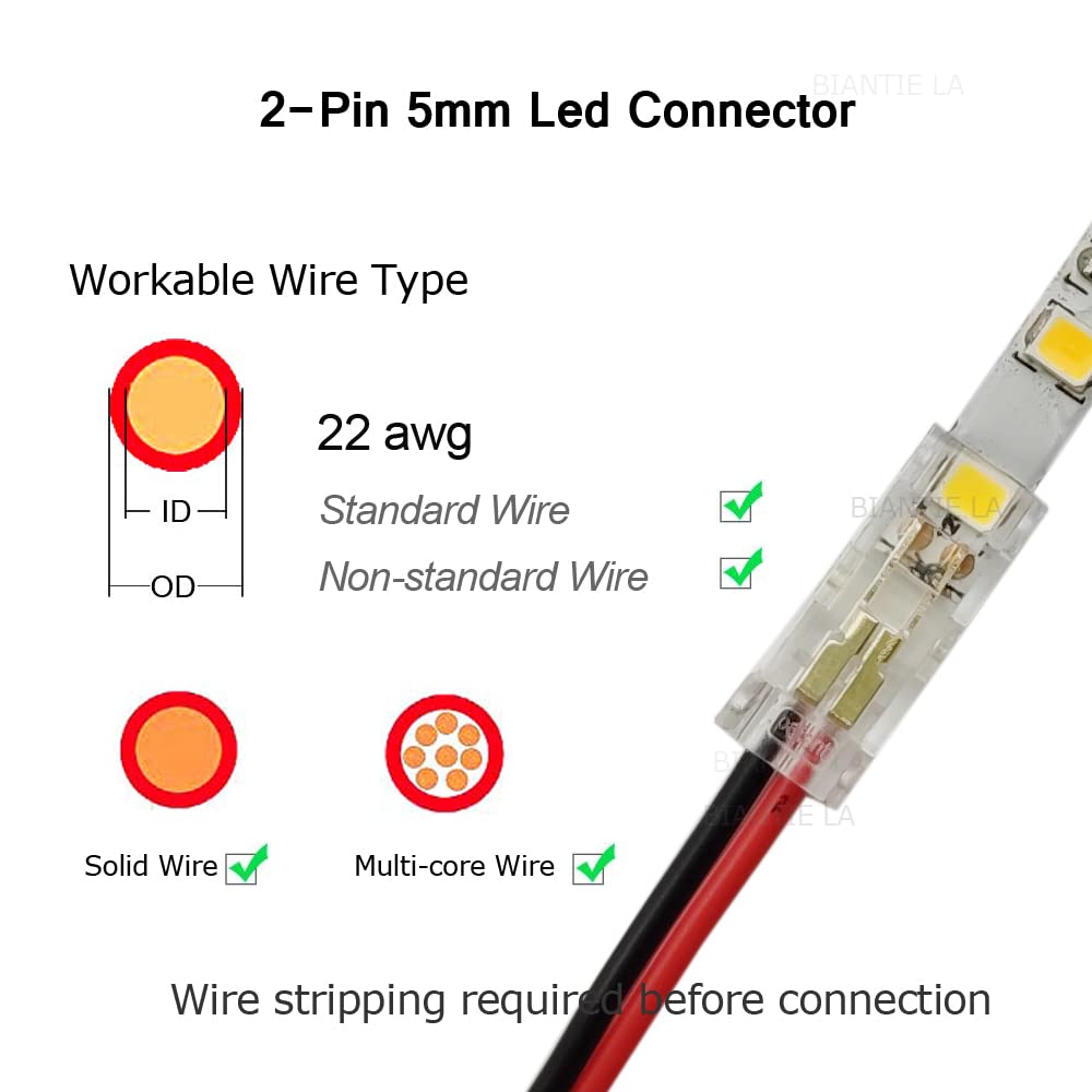 Biantie La 2-Pin LED Light Strip Connectors, 5mm, Solderless Adapter for 12V 24V COB LED Strips, Pack of 10