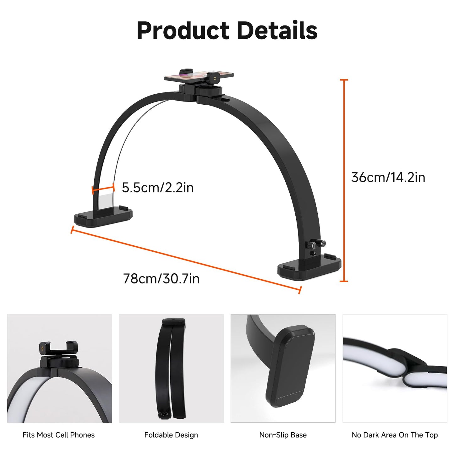 Welinspift 45W Half Moon LED Arch Lamp with Phone Holder, 3000K-6500K Dimming, White, Model ML-800A
