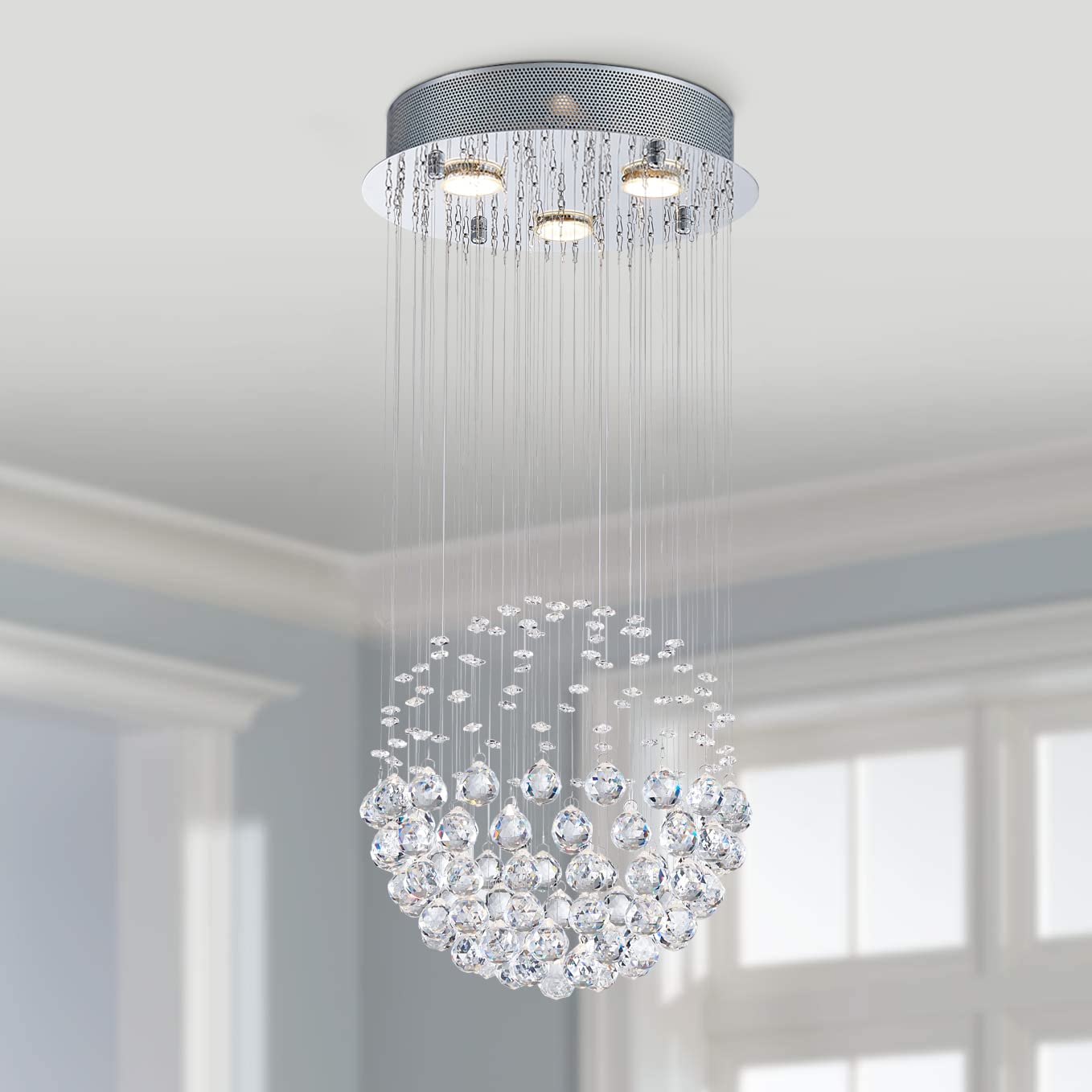 Bestier Crystal Raindrop Chandelier Lighting Flush Mount LED Pendant Lamp 12.6in Wide, 25.6in High, Glass, Model AK-AJ-18148