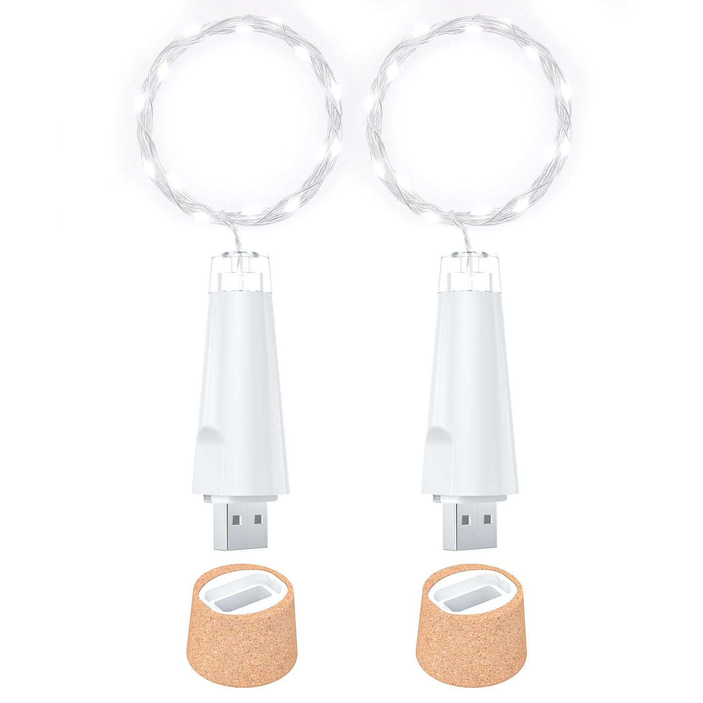 Ceepko USB Bottle Lights, Rechargeable Cork LED String Lights, 20 LEDs, 2 Pack, Cool White, Model: BOTTLE_LIGHT001