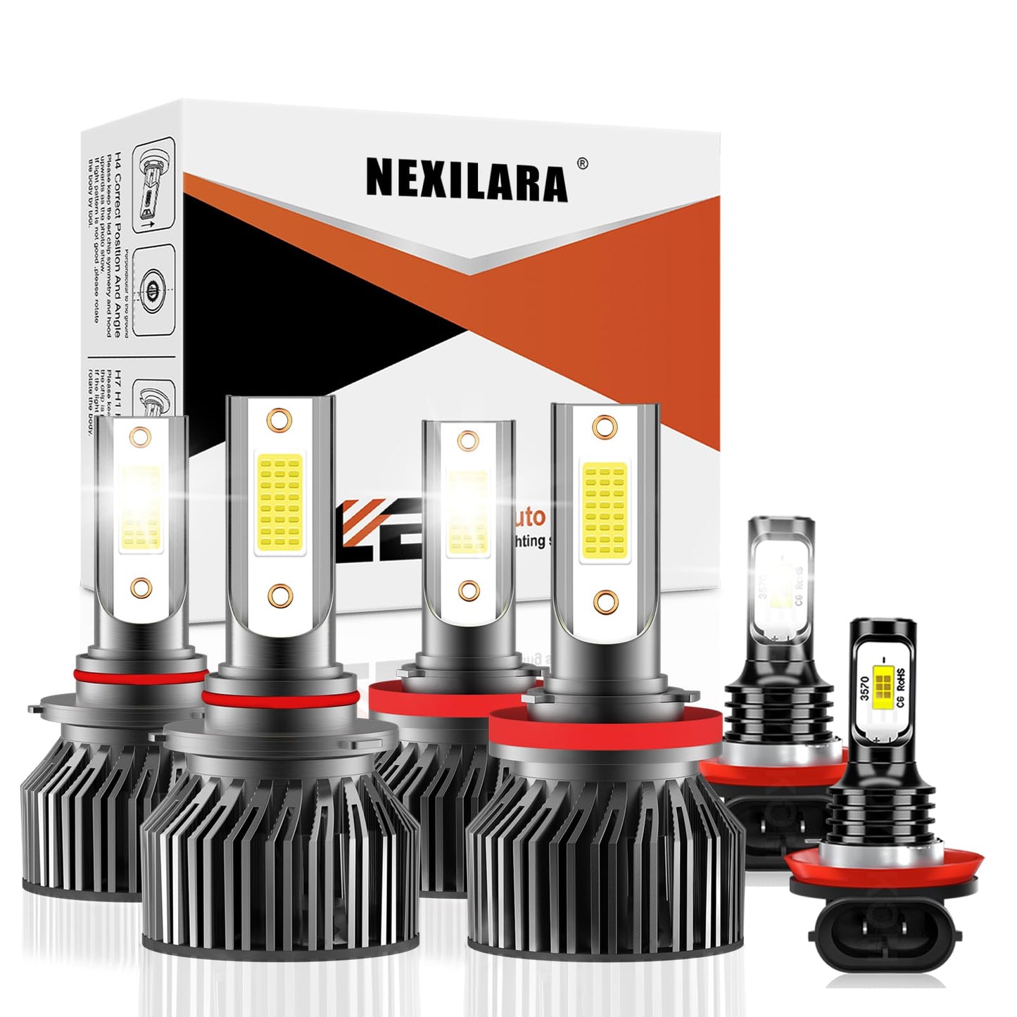 NEXILARA HB3/9005 High Beam & H11/H8/H9 Low Beam & Fog Light Bulbs Combo, 600% Brightness, 6500K White, Aluminum,