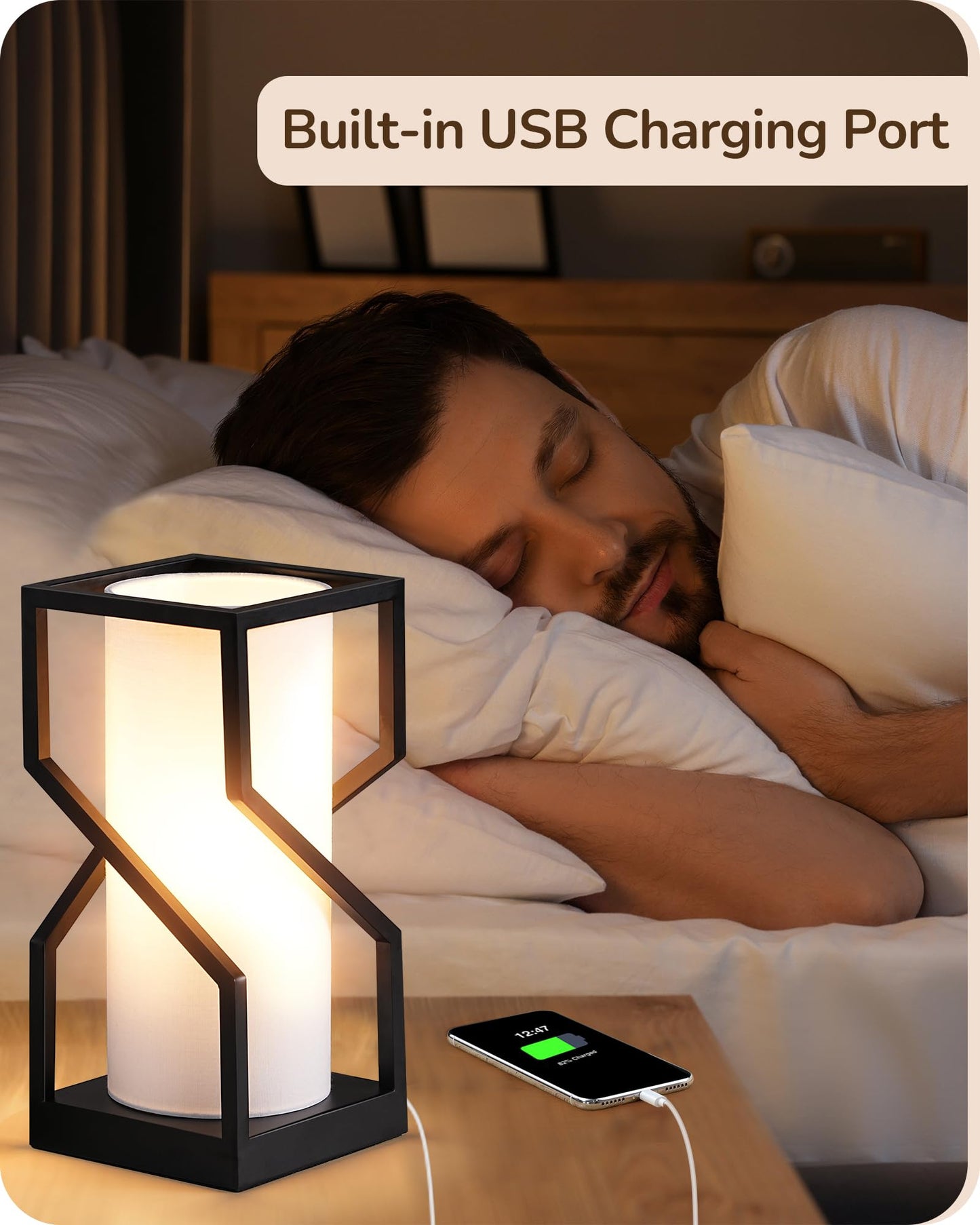EDISHINE Modern Table Lamp with Linen Lampshade, USB Port, Touch Control, 9W 2700K Bulb, White, Model c51d7bb7-b818-47