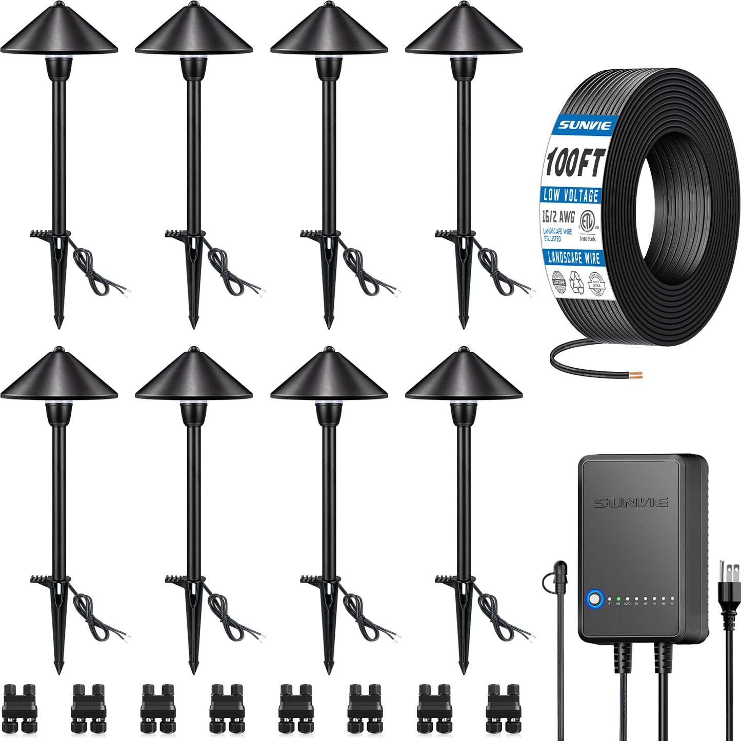 SUNVIE LED Low Voltage Landscape Lighting Kit, 8 Pack, 3000K, Black, Model KTWW8PB, Includes Connector Transformer and 100FT Wire
