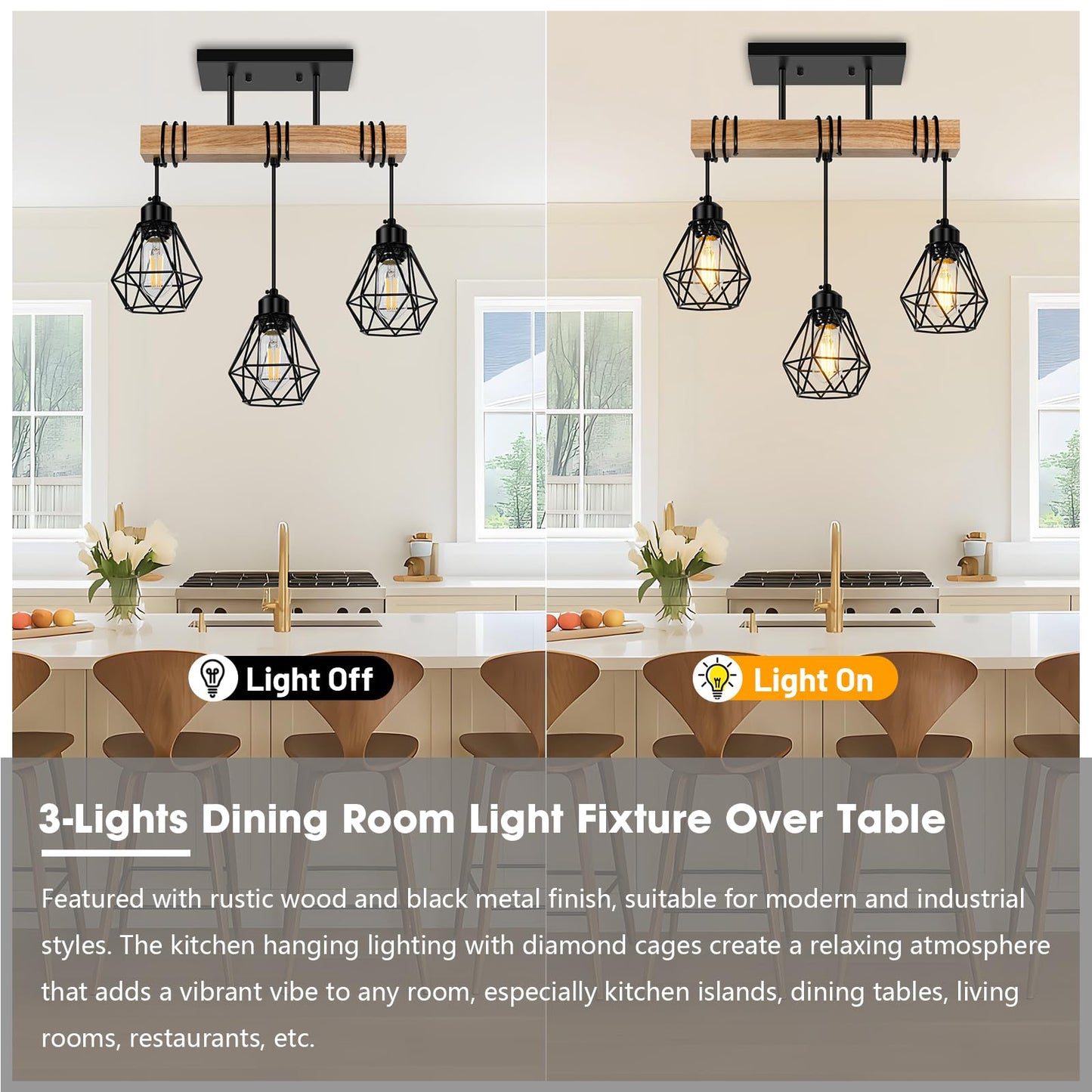 Feanron Pendant Light Fixture, 3-Lights Rustic Wood & Metal, Black Ceiling Lamp for Dining Room, Model ZSLDD-3L