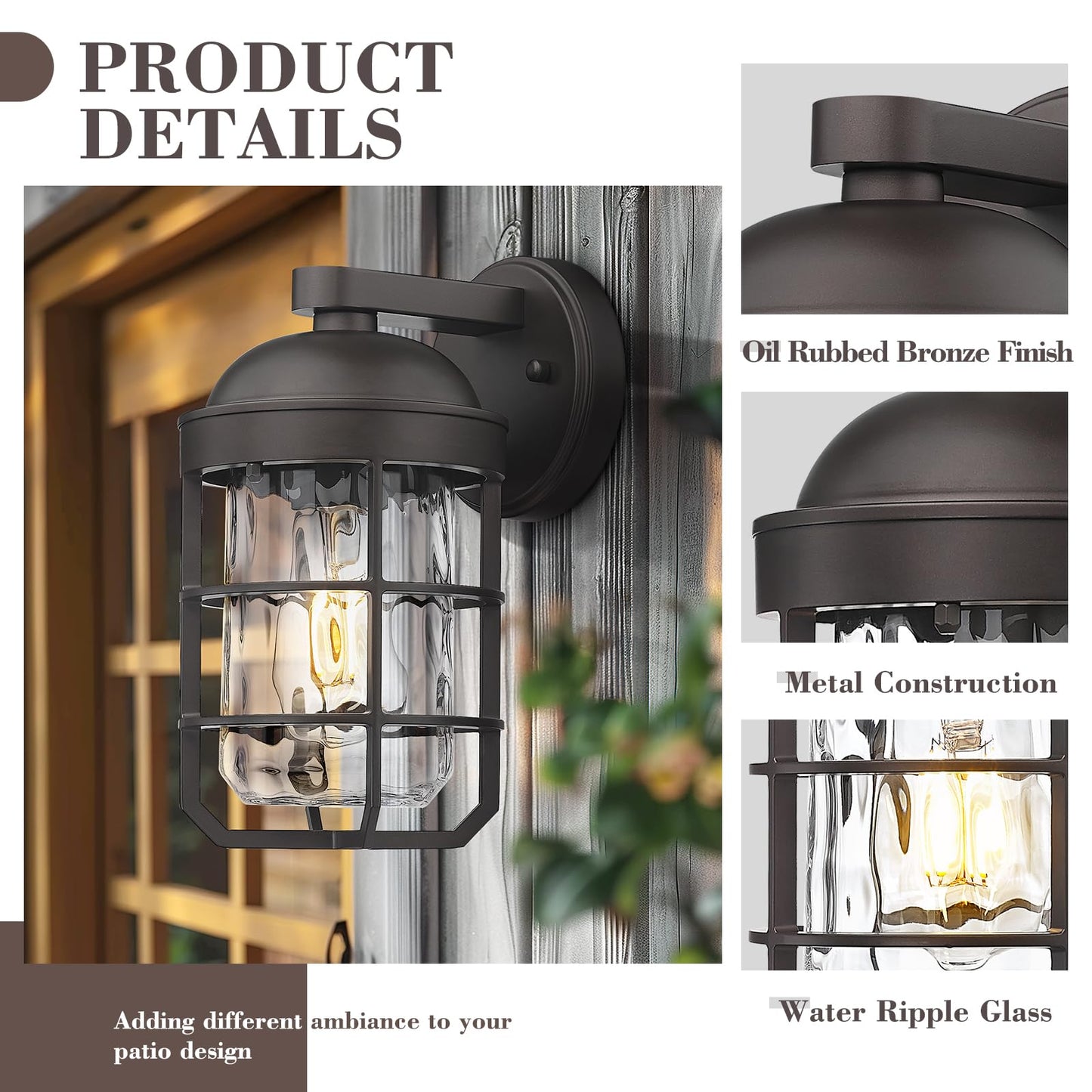 Emliviar Outdoor Wall Lanterns 2 Pack, Nautical Sconce with Water Ripple Glass, 11.3 Inch, Oil Rubbed Bronze, Model GE255BL