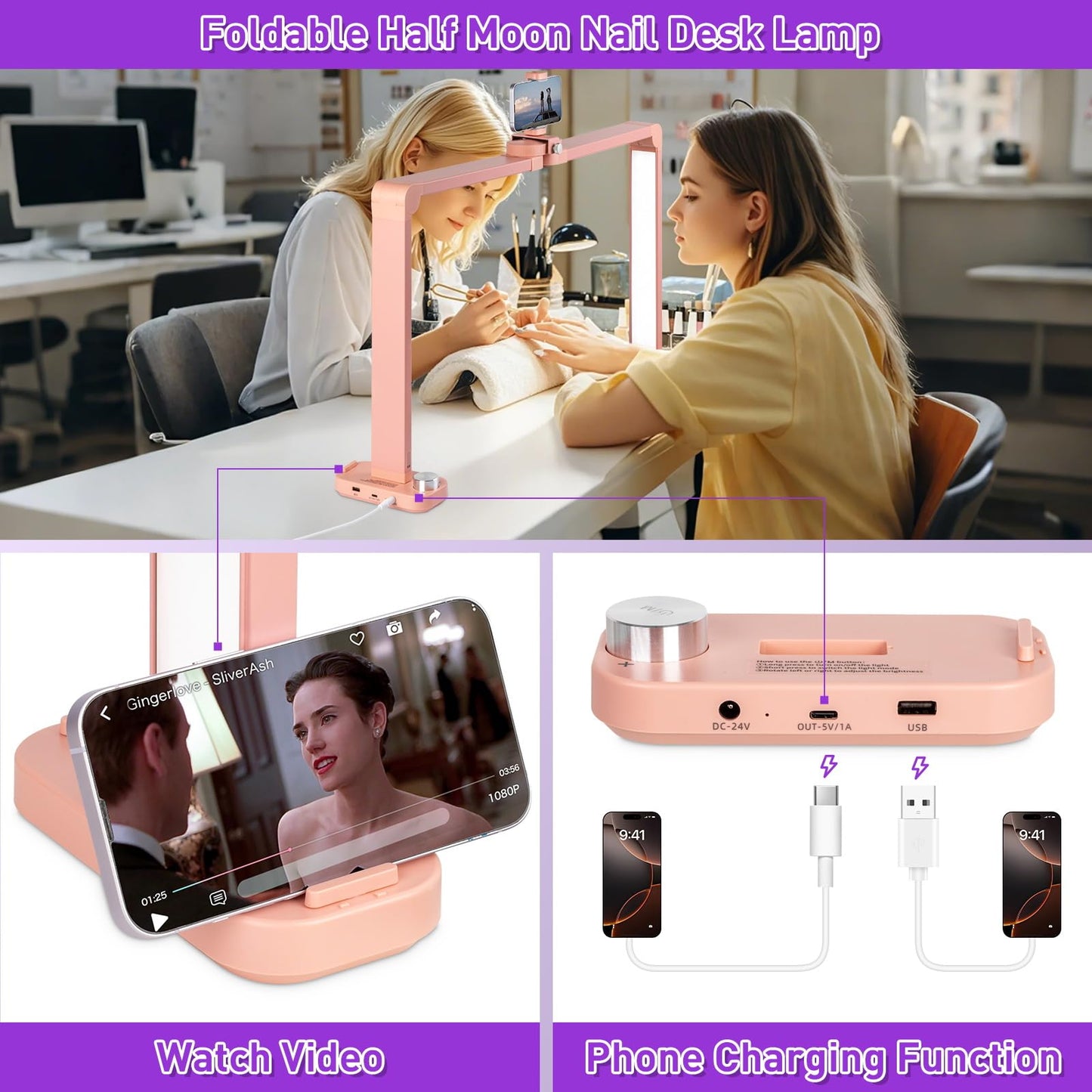 HITTI Nail Light Lamp, 34in Foldable with Phone Holder, Dimmable, Pink, Super Large, Model ZJD-Pink