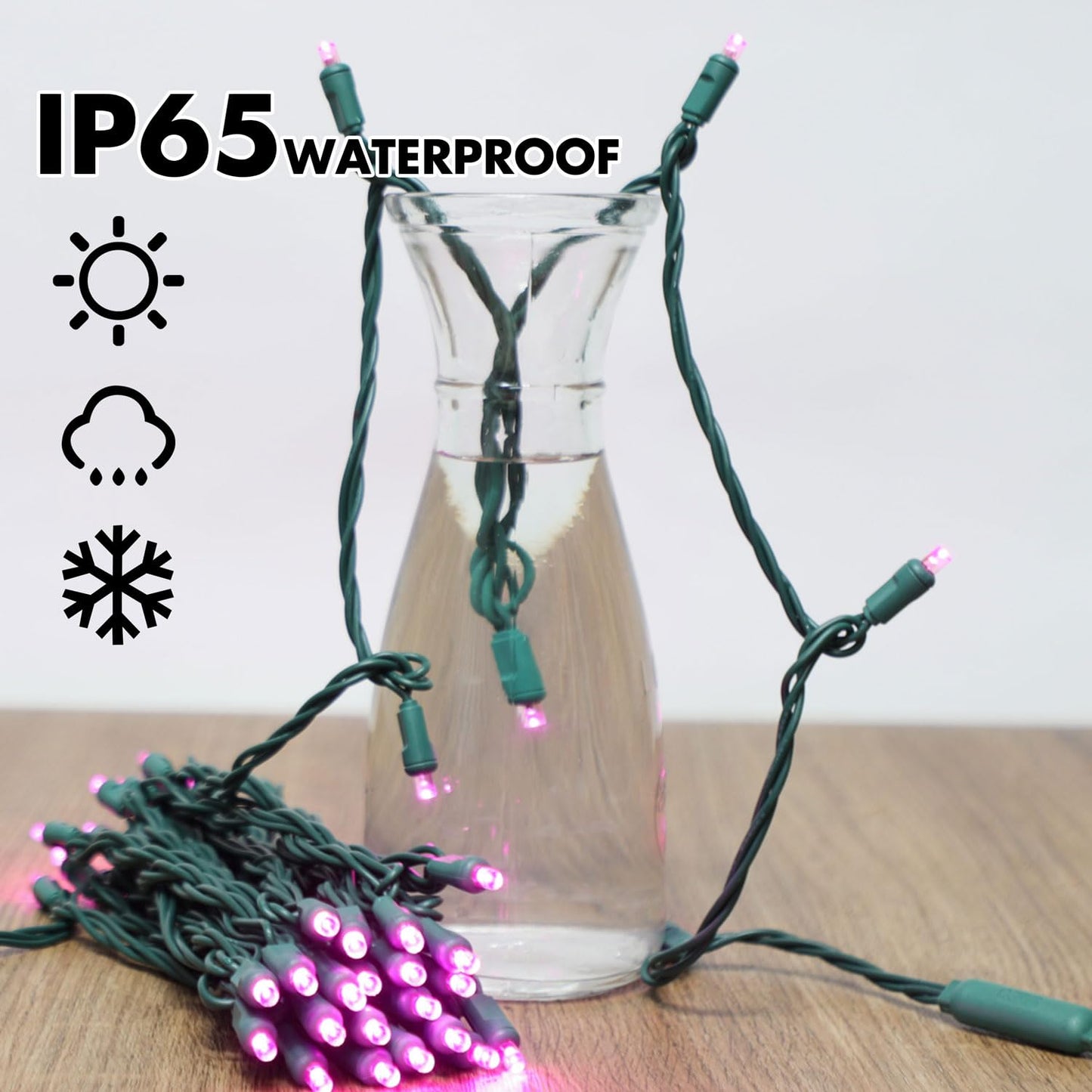 LAMPHOME LED String Lights, 100 Count (2pk of 50L), 6in Spacing, Green Wire, Pink