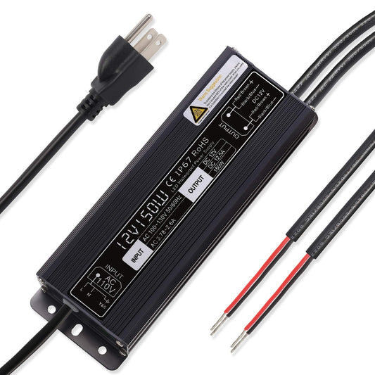 SUNVIE 150W LED Driver Waterproof IP67 Power Supply, 120V to 12V Transformer, Black, Model c5d22975-9092-4a3c-befd