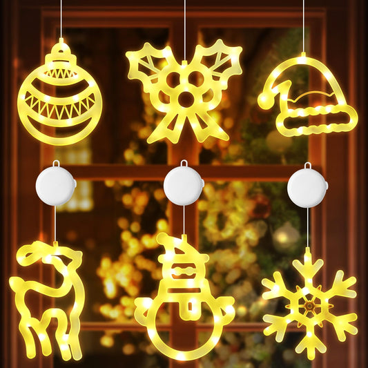 Gejoy Christmas Window Lights - 6 Pcs Warm White Acrylic Silhouette Decor, Timer Suction Cup, GJ-Gejoy-887, Cute Style
