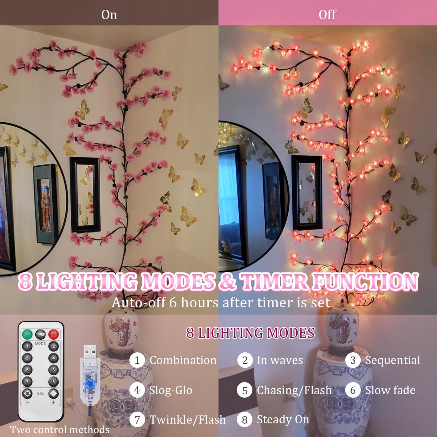 FIALAME DIY Cherry Blossom Lights, 5.91FT, 96 LED, Remote Timer, 8 Light Modes, Resin, Pink Decor for Bedroom and Christmas