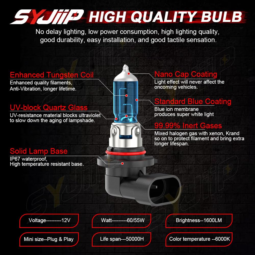 SYJIIP Halogen Headlight Bulbs 9005 High Beam & 9006 Low Beam, 6000K White, Pack of 4, Compatible with Dodge Journey 2009-201