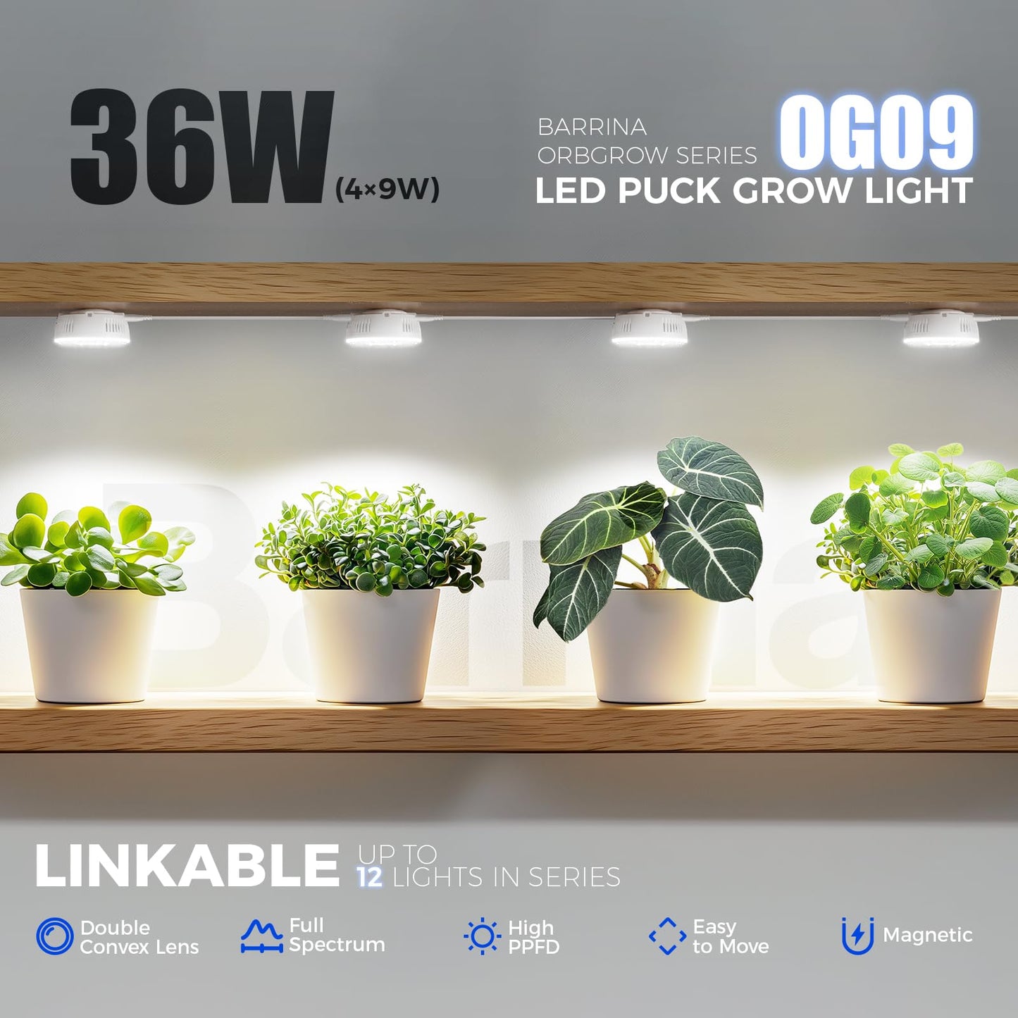 Barrina Puck Grow Light, 5000K Full Spectrum, 36W, Linkable with Timer, 5 Dimmable Levels, 4 Packs, Model OG09-4T
