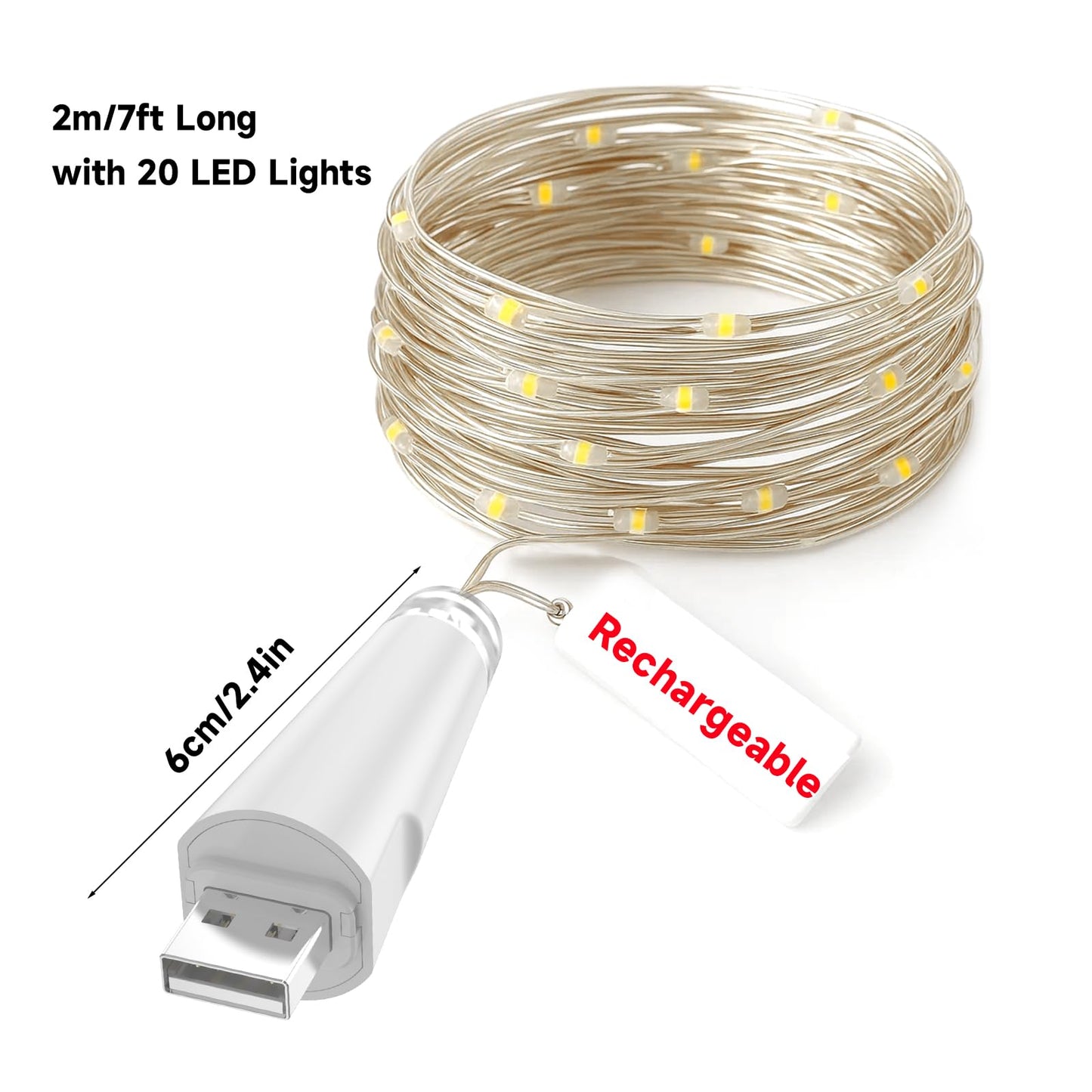 OUSMIN Rechargeable Fairy Lights - 20 LED String Lights, USB Battery Operated, 7ft, White, for Mason Jars and Wedding Decor