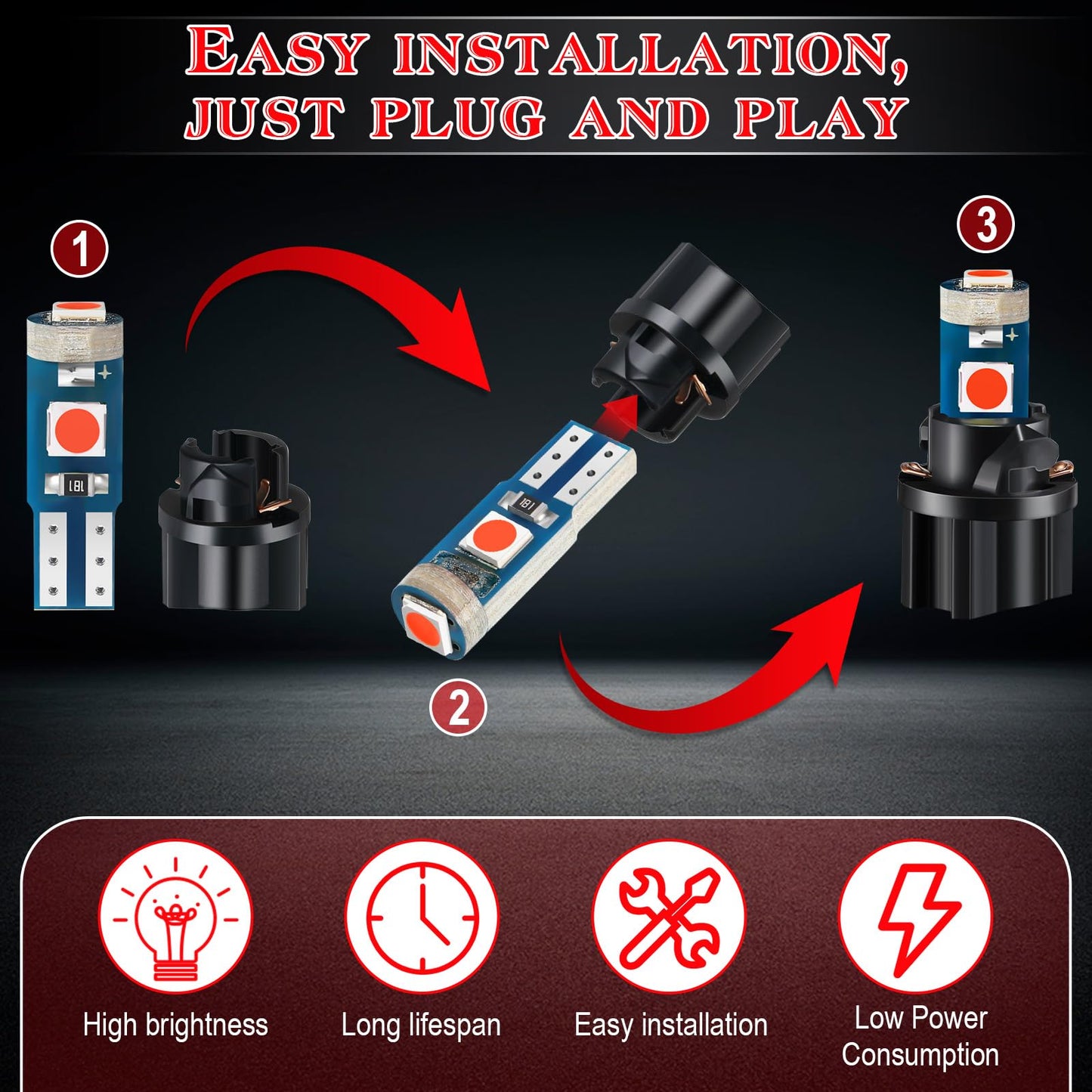 BBTO LED Dashboard Bulbs, 40 Pieces T5 T10 Twist Socket Lights, Red, for Car Interior and Instrument Panel