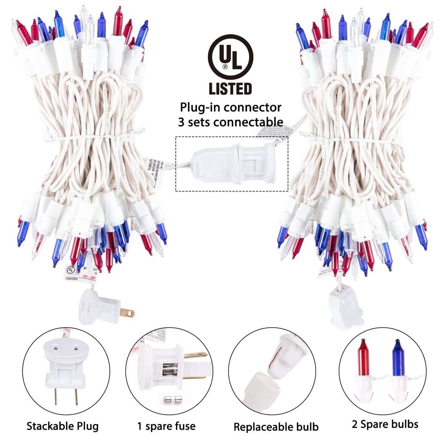 Minetom String Lights - 200 Count Waterproof Indoor Outdoor Mini Lights - 50 Feet Red White and Blue for 4th July Decoration
