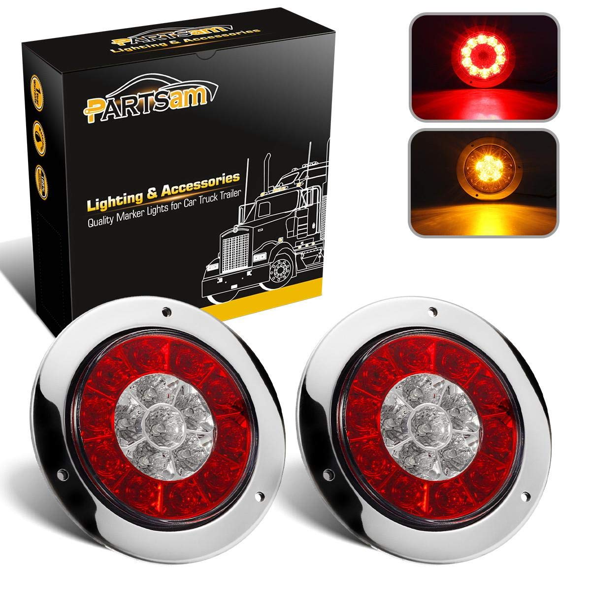 Partsam 4in Round Truck Trailer LED Tail Lights - Red/Amber, Sealed Dual Color, Model 4350421365, 2-Pack