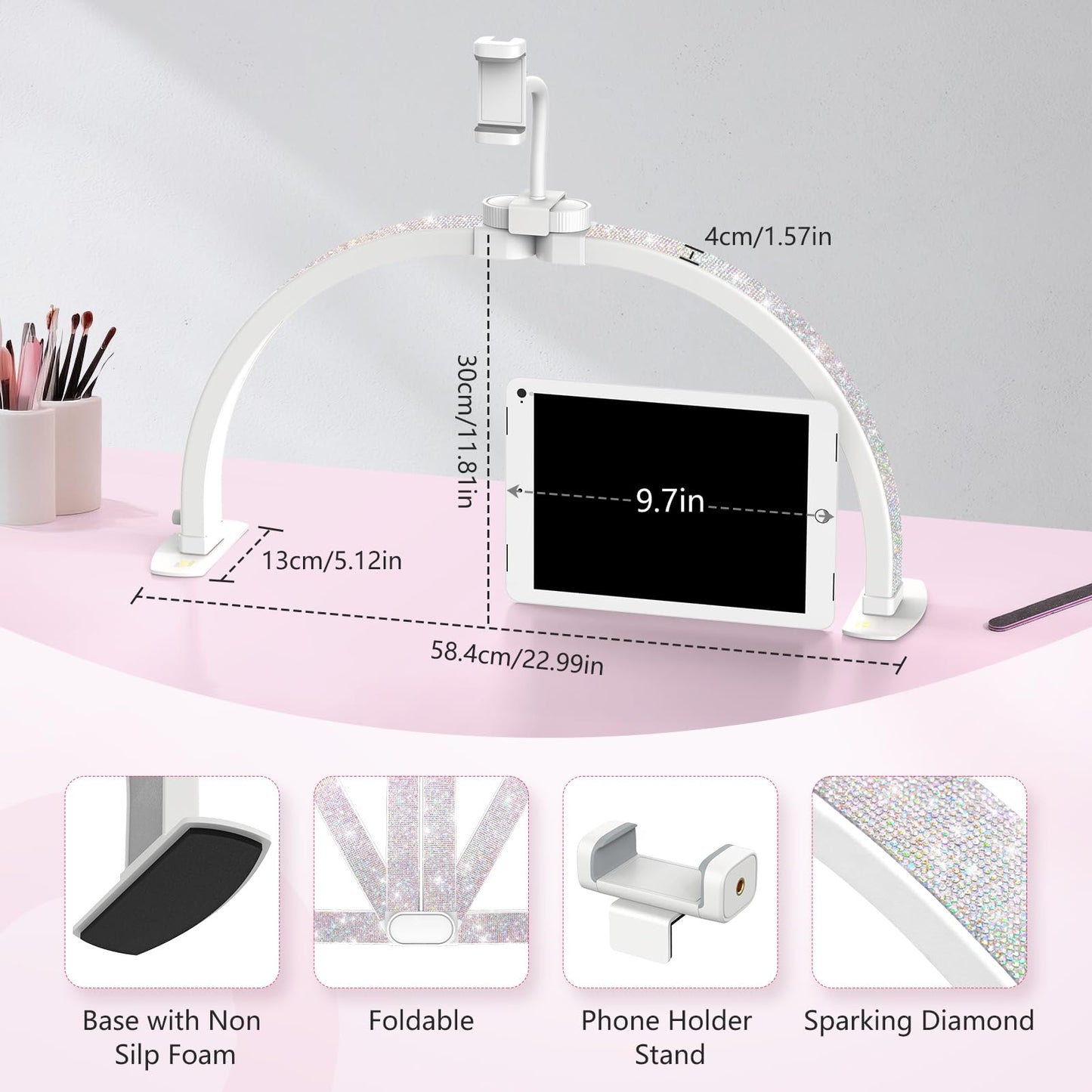 Yokilly Half Moon Nail Desk Lamp - 23in Foldable with Phone Holder, 3 Color Modes, 10 Brightness Levels, Small, Crystal Diamond