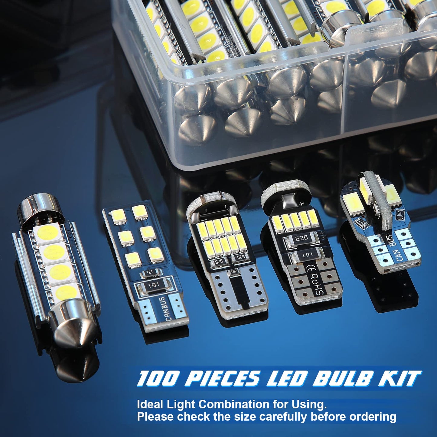 BBTO LED Car Bulb Kit - 100 Pieces T10 Festoon Dome Lights for Map, Trunk, Door, License Plate - Polycarbonate
