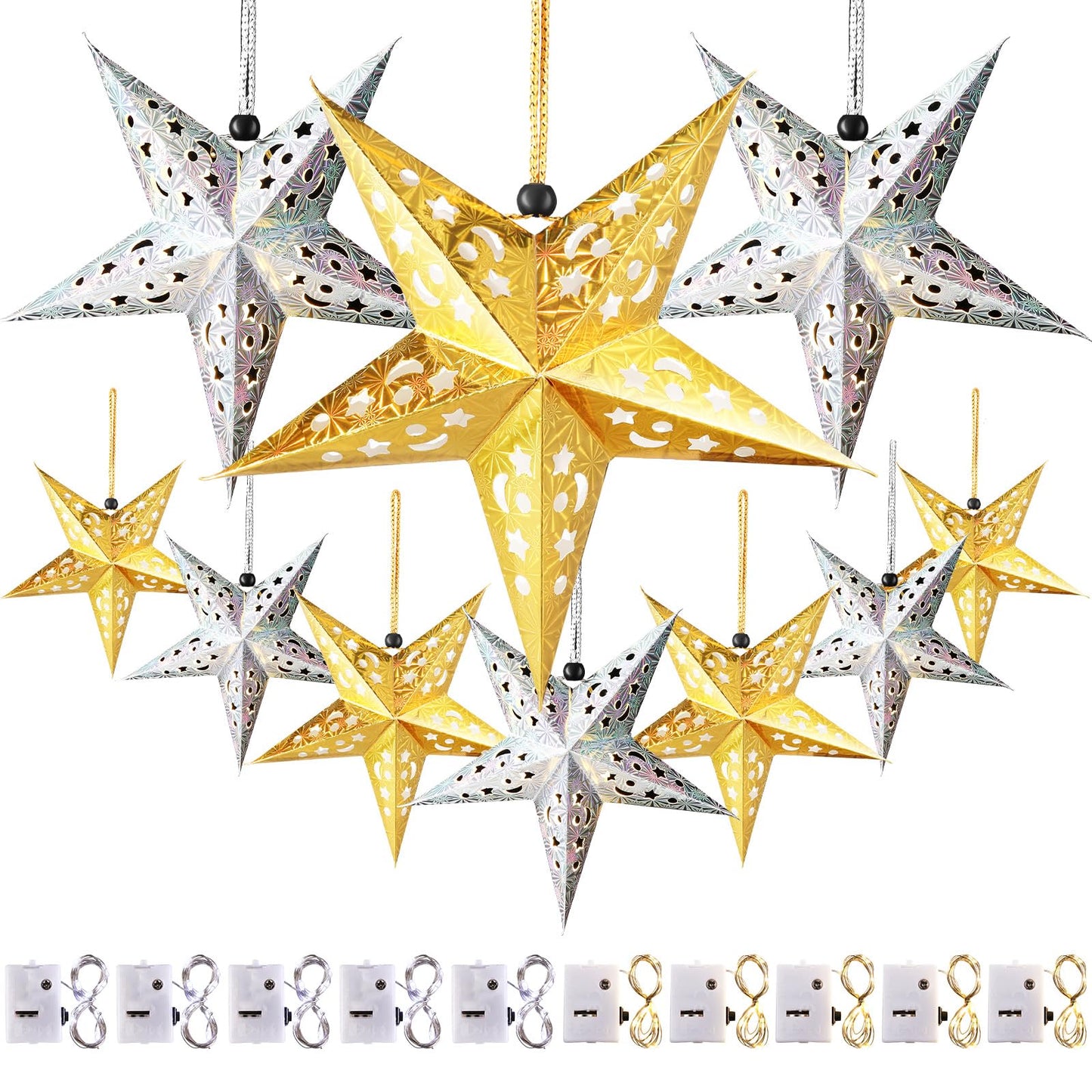 Zhanmai 10 Pcs 3D Paper Star Lanterns with 20 LED Lights, Gold & Silver Hanging Decoration for Christmas and Independence Day
