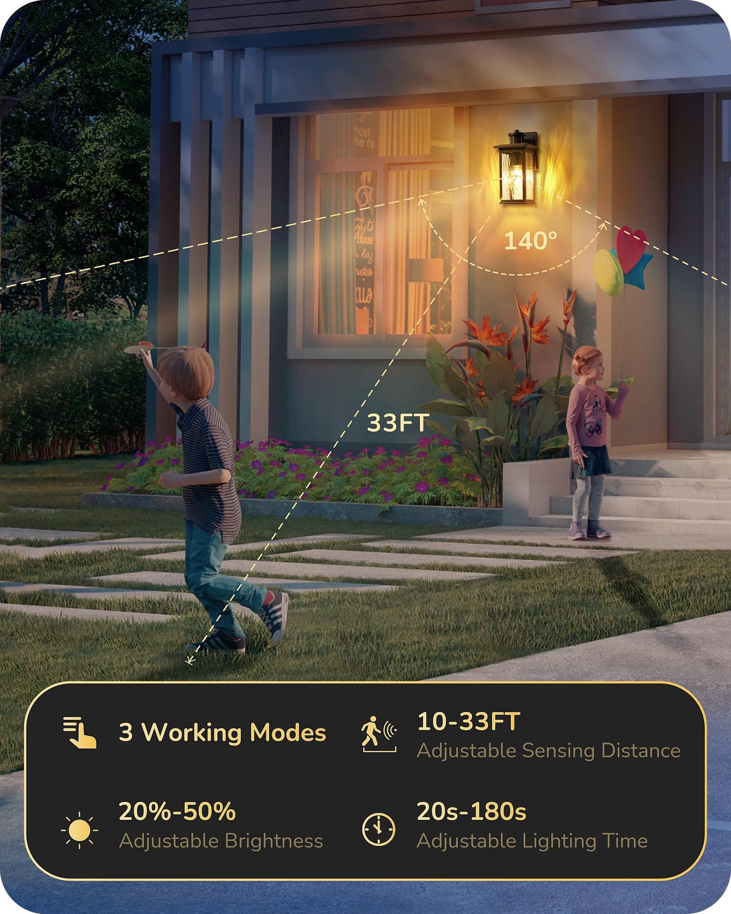 EDISHINE Motion Sensor Outdoor Light Fixtures, Dusk to Dawn, Waterproof Wall Lights, Black and Gold, Model HOWL07, 2 Pack