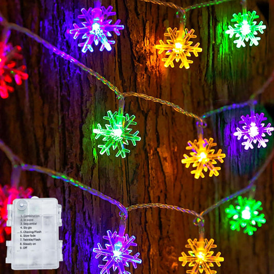 Dazzle Bright Snowflake String Lights, 100LED 50FT, Battery Operated, 8 Lighting Modes, Multicolor, Indoor Outdoor Christmas Decorations