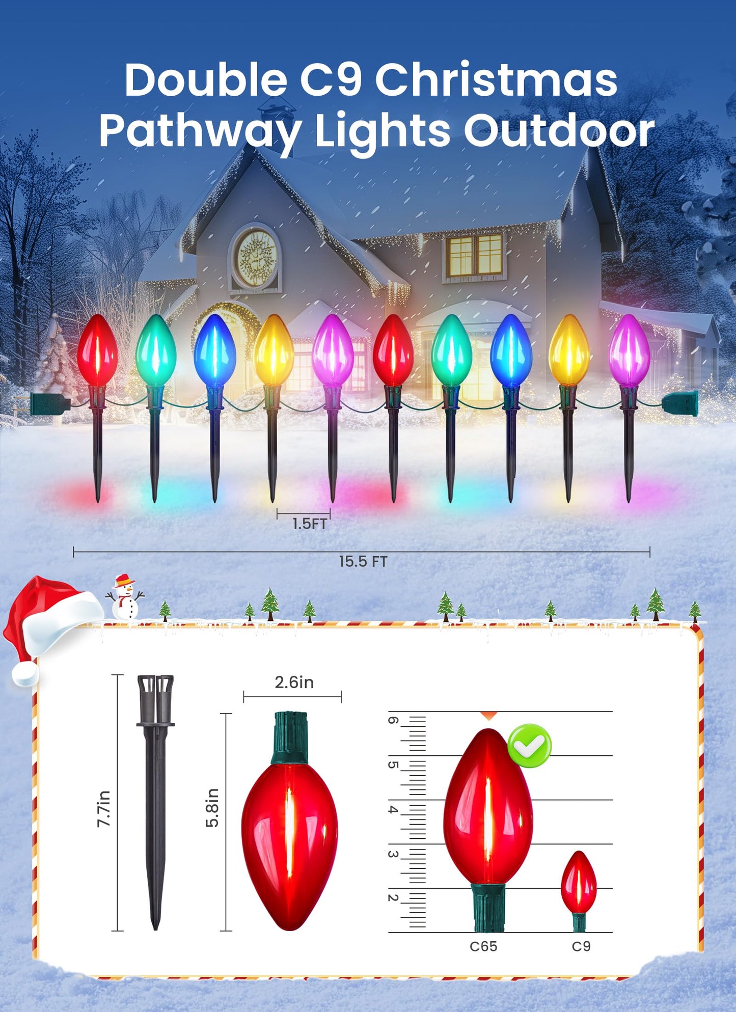 Minetom C9 Christmas Pathway Lights - 13.5ft 10 LED String Lights with 10 Stakes, Waterproof, Multicolor, Model GY-C-50.6-U-B1