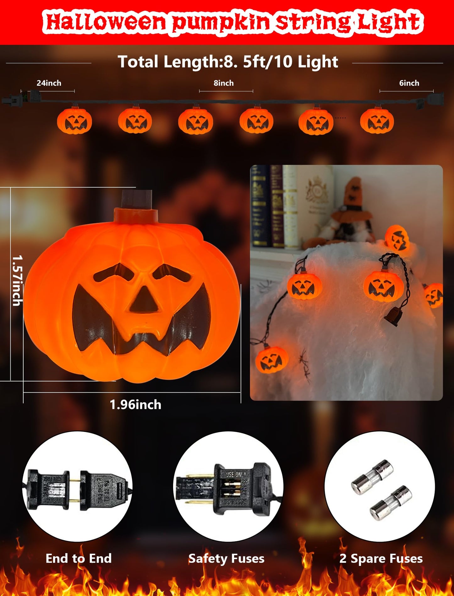 Konictom Halloween Pumpkin String Lights, 10FT, 12 LED Waterproof Bat Lights for Indoor/Outdoor Decorations