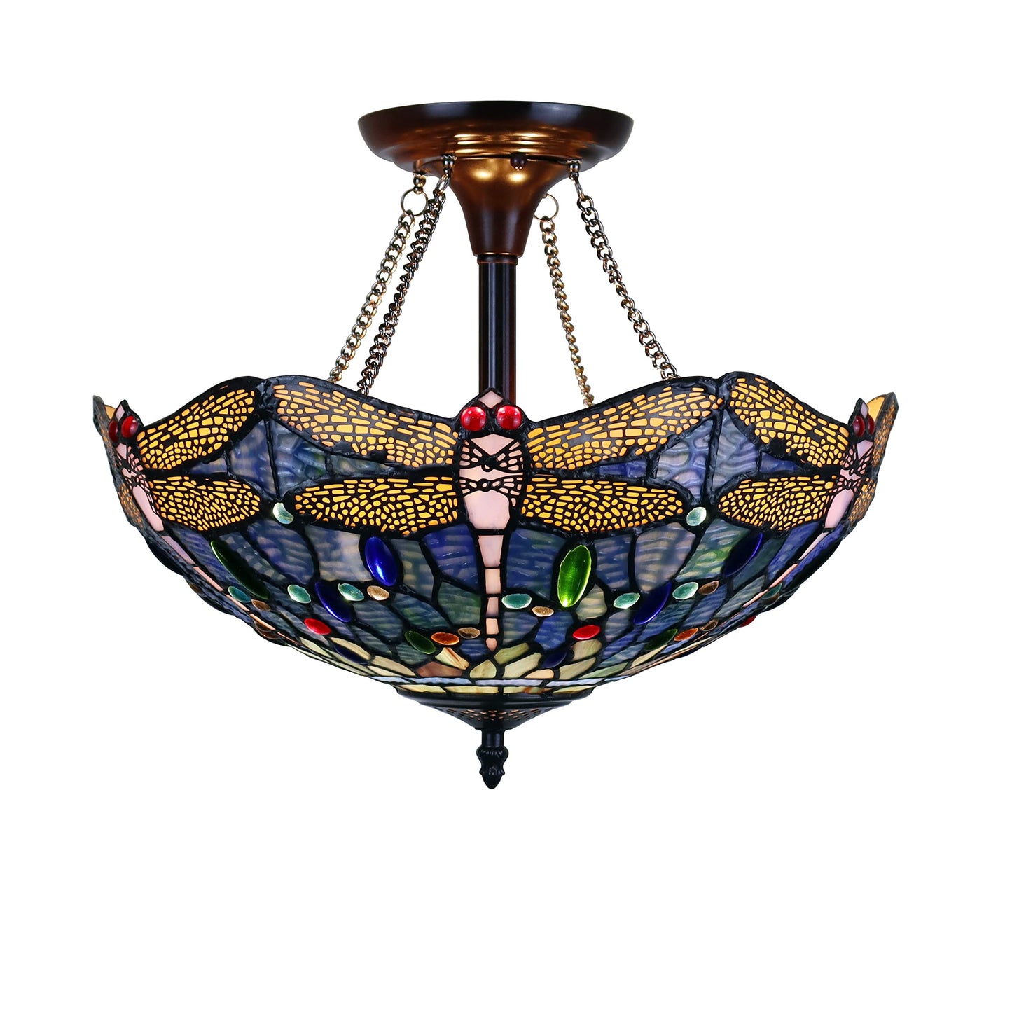 Chloe Lighting Dragonfly Tiffany-Style Semi-Flush Ceiling Fixture, 2 Light, 16in Wide, Dark Bronze, Multicolor, Model CH3T524BD16-UF2