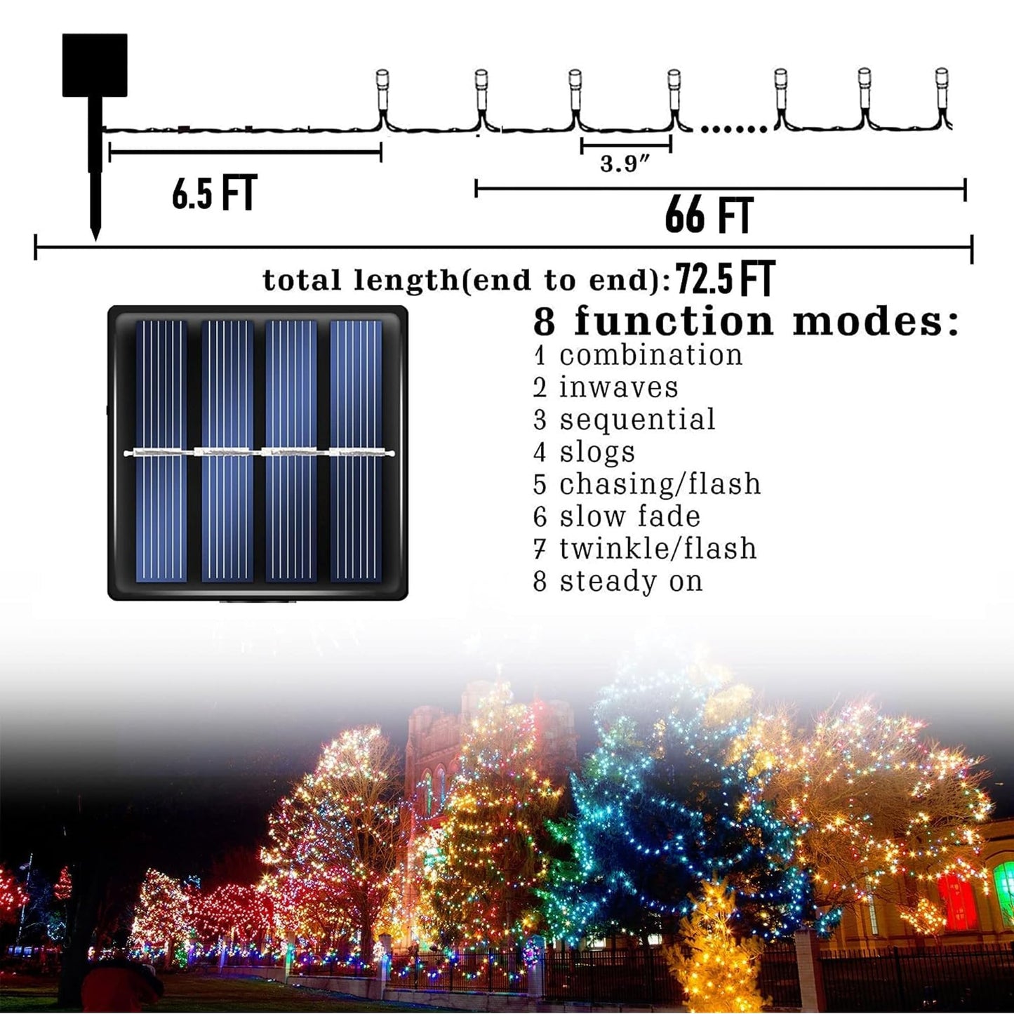 Dazzle Bright Solar String Lights, 200 LED, 66 FT, 8 Modes, Waterproof, Red White and Blue, for 4th of July Decorations