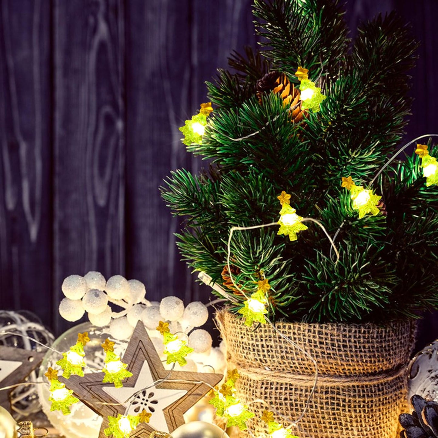 Elsqolro Christmas Tree LED String Lights, 10ft, 30 LEDs, Battery Operated, Copper Wire, Waterproof, Green, Indoor/Outdoor Decor