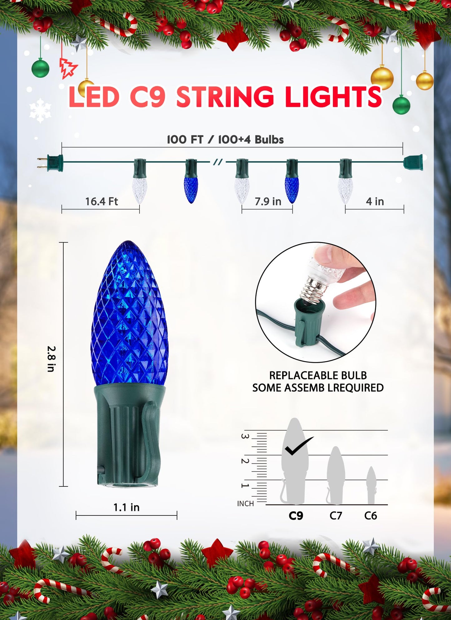 Minetom C9 Christmas String Lights, 100 LED, 100 FT, Blue and Pure White, Connectable, UL Certified for Indoor/Outdoor Use