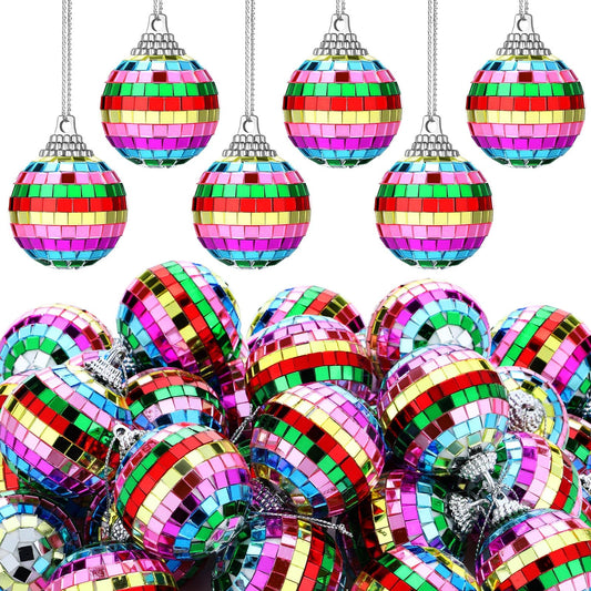 BBTO Mini Christmas Disco Balls 24 Pieces Reflective Glass Hanging Decoration 1.97 Inch Colorful