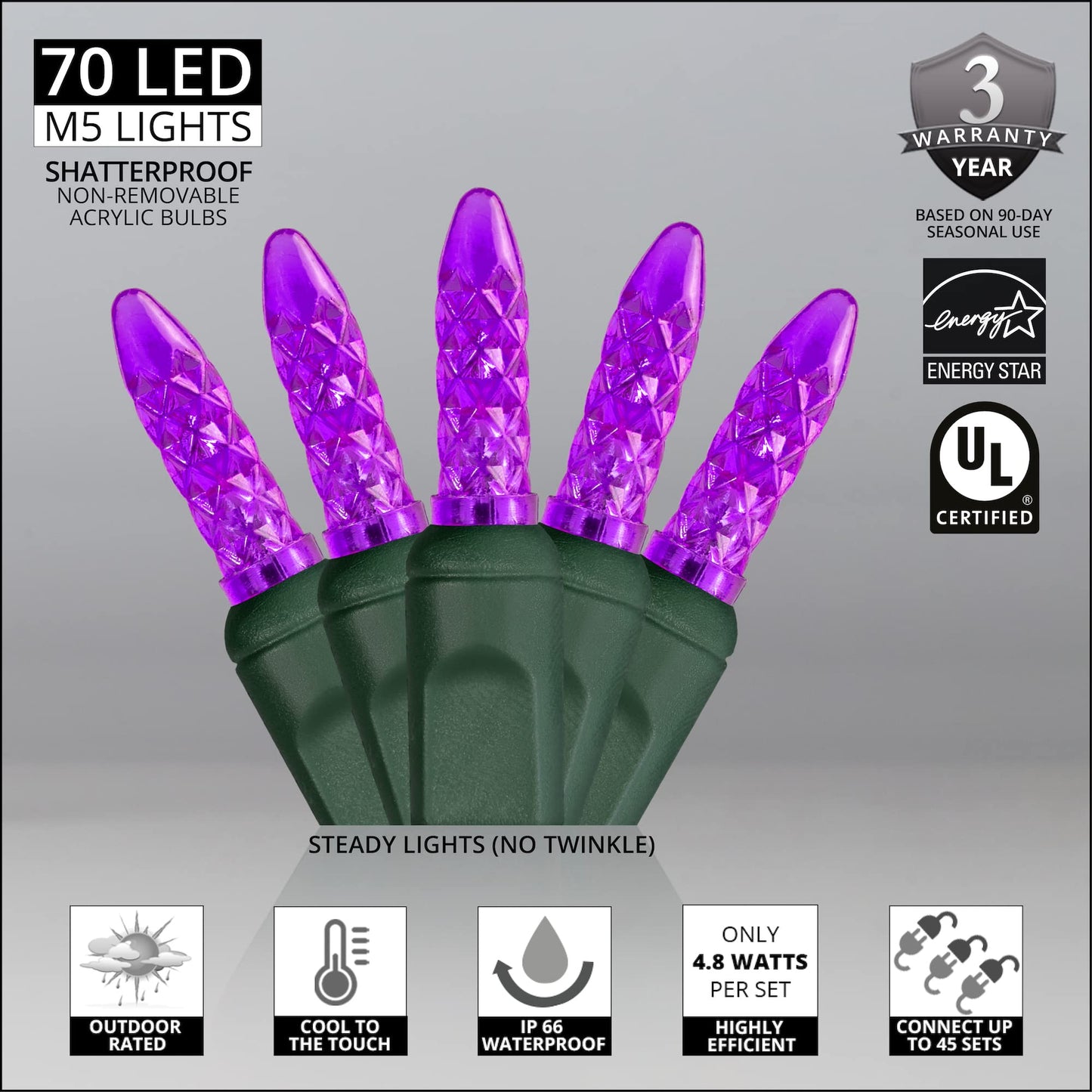 Wintergreen Lighting 24 ft M5 LED Purple Halloween Lights, 70 Count, Indoor/Outdoor, Commercial Grade, Green Wire