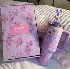 Purple Flowers Stanley Quencher Tumbler 40oz with Gift Box – Insulated Travel Mug with Handle & Straw